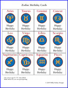 Poster showing full set of 12 Zodiac Birthday Cards, one card for each sign, with Zodiac symbols set in Bembino. Cards © Milly Budny Designs.