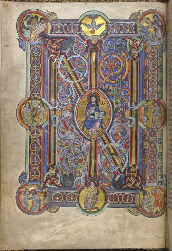 ©The British Library Board, Additional MS 14788, folio 6v, with the opening of Genesis set within a monumental full-page frame filled with ornamental patterns and scenes. Reproduced by permission