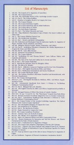 Page in the folded Brochure publicizing the publication of the 2-volume Illustrated Catalogue of 'Insular, Anglo-Saxon, and Early Anglo-Norman Manuscript Art at Corpus Christi College, Cambridge", with a Contents List of its 56 selected manuscripts or fragments. Brochure designed by Linda K. Judy of Medieval Institute Publications.