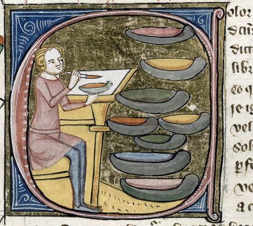 ©The British Library Board, Royal MS 6 E VI, folio 396, detail of initial C for 'Color' with a scene of a seated artist mixing pigments contained in 9 saucer-like dishes. Reproduced by permission