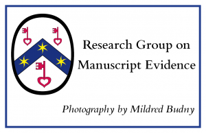 Sign for 'Photography by Mildred Budny' for the Research Group on Manuscript Evidence, logo included
