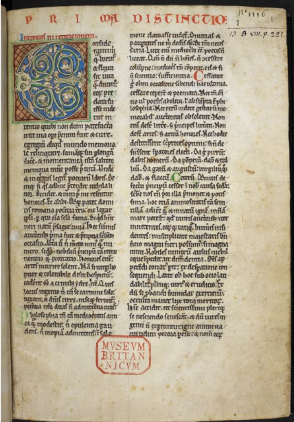 ©The British Library Board, Royal MS 13 B VIII, folio 1r, with the opening of Gerald's 'Topographia Hiberniae'. Reproduced by permission. The text, written in double columns, opens with an enlarged, and partly inset, polychrome initial decorated with animal, foliate, and interlace ornament.