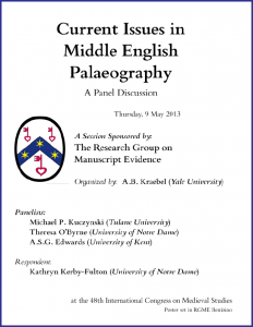 Poster for "Current Issues in Middle English Palaeography" Congress Session (7 May 2013)