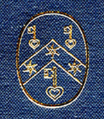 Gold-stamped logo of the Research Group on Manuscript Evidence over Royal Blue fabric ground on the Front Cover of Volume II (Plates) of 'Insular, Anglo-Saxon, and Early Anglo-Norman Manuscript Art at Corpus Christi College, Cambridge' by Mildred Budny