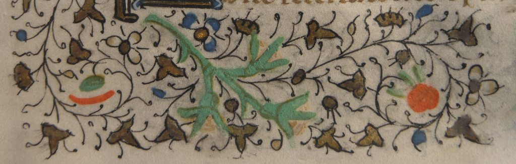 Floral border from 15th-century Book of Hours, with photography copyright Mildred Budny