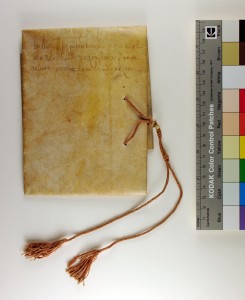 Document of Berengariius, folded and tied, seen from the front with identifying inscription. Photography © Mildred Budny