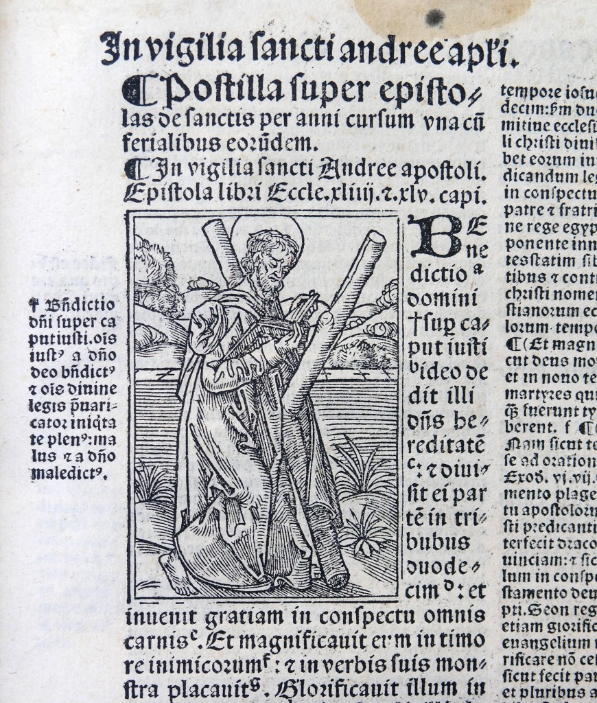 Postilla printed in Lyons in 1527: Woodcut illustration for the Feast of Saint Andrew (20 November).