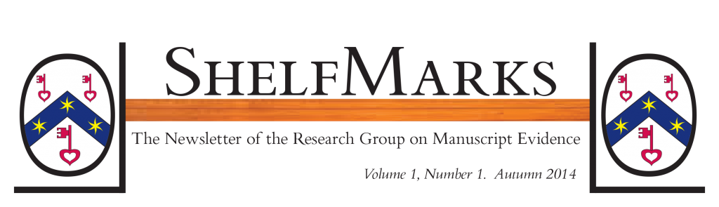 Masthead for ShelfMarks, the newsletter of the Research Group on Manuscript Evidence, laid out in RGME Bembino