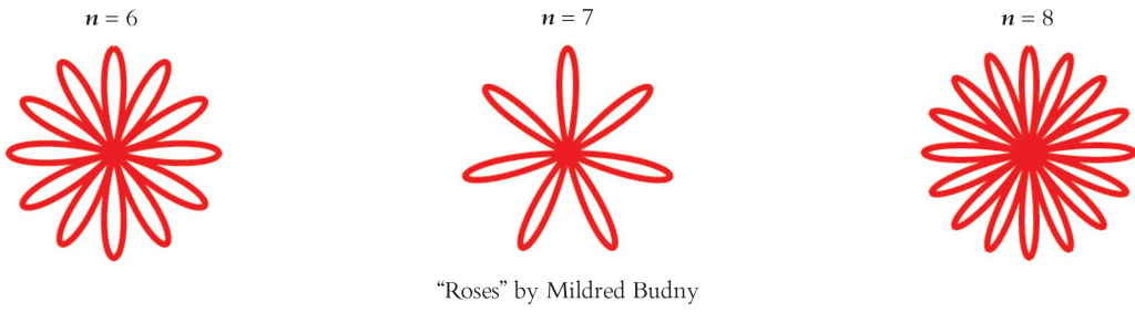 Roses as n=6, n=7. and n=8 in designs by Mildred Budny