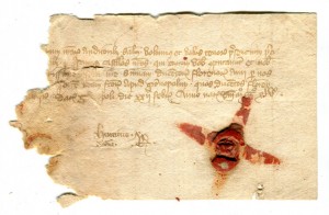 Document in 5 lines on paper, dated 22 February 1345 (Old Style), with red wax seal. Image reproduced by permisison.