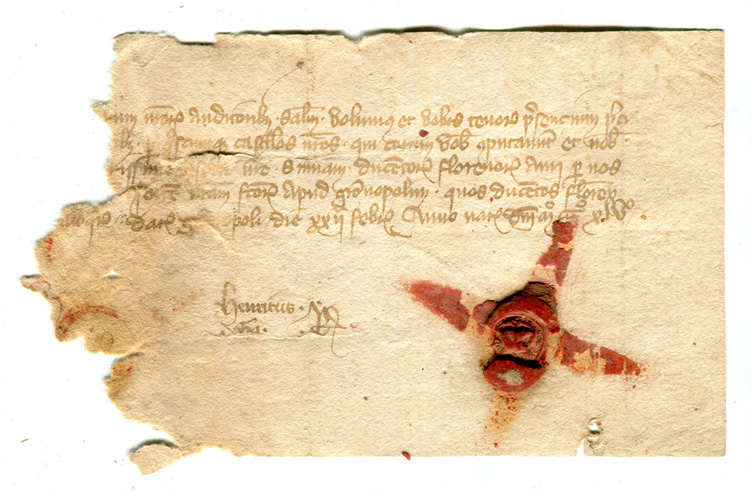 Document in 5 lines on paper, dated 22 February 1345 (Old Style), with red wax seal. Image reproduced by permission.