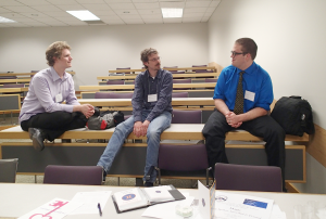 Relaxed discussion by 3 participants of a co-sponsored Session at the 2015 International Congress on Medieval Studies. Photograph © Mildred Budny. at the 