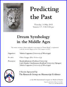 Poster for 'Predicting the Past' Session at the 2015 International Congress on Medieval Studies with photograph by Ilya V. Sverdlov and layout in RGME Bembino
