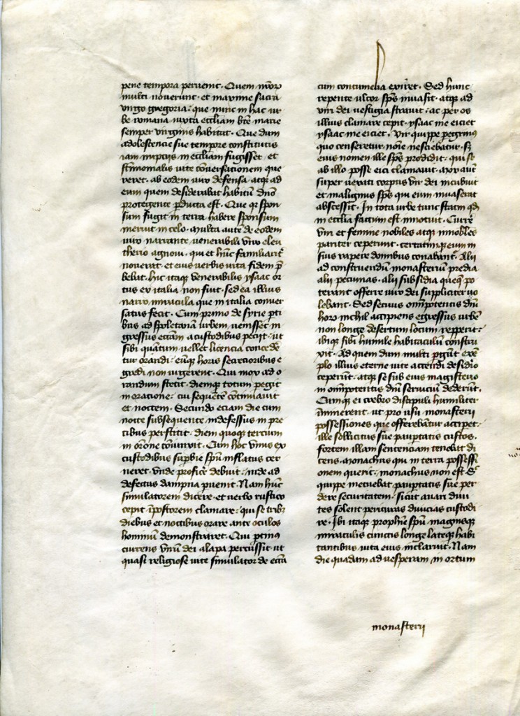Verso of Detached Leaf from 'Otto Ege Manuscript 41' (with the Dialogues of Gregory the Great, Book III, Chapters XII-XIV. Private Collection, reproduced by permission.