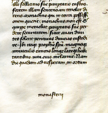 Catchword 'monasterii' on verso of Gregory 'Dialogues' leaf in a private collection, reproduced by permission.
