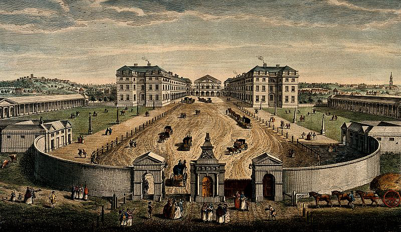 Coloured engraving of a bird's eye view of the Courtyard of the Foundling Hospital, Holbourne, London, with scenes of humans and other creatures both within and without.  Coloured engraving by T. Bowles after L.P. Boitard (1753).  Image via Wikimedia Commons from Wellcome Images (http://wellcomeimages.org