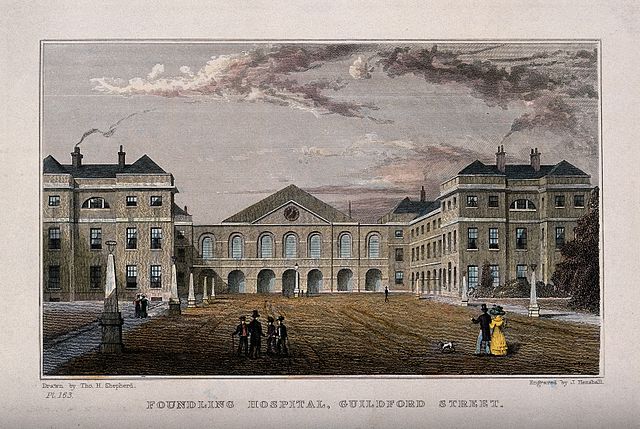 The Foundling Hospital: The main buildings seen from within the grounds. Coloured engraving by J. Henshall after T. H. Shepherd. Via http://welcomeimages.org/ under Creative Commons