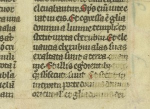 Abraded portion of text at bottom right on recto of Exekiel Leaf from 'Ege Manuscript 61'. Photography by Mildred Budny