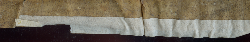 Masking Tape added after 1951 to the reframed fragments of a single large-format 11th-century leaf. Budny Handlist 1.