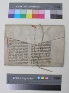 Leaf from Justinian's 'Novellae', reused as a wrapper, closed, seen from the flap side. Photography by Mildred Budny