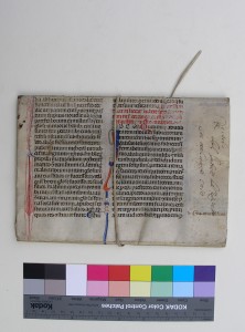 Leaf from Justinian's 'Novellae', reused as a wrapper, closed, seen from the back side. Photography by Mildred Budny