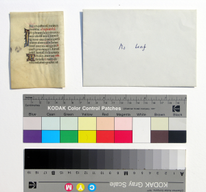 The Leaf, turned to the Verso, alongside the small-format envelope used to 'contain' the leaf, shown from its front with the owner's handwritten inscription in blue ink 'Ms leaf', as well as a color guide and scale for reference. Reproduced by permission of the photographer.