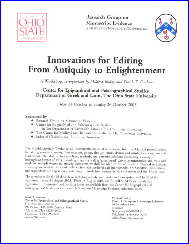 2003 Poster for Colloquium on 'Innovations in Editing Texts from Antiquity to Enlightenment', laid out in Adobe Garamond