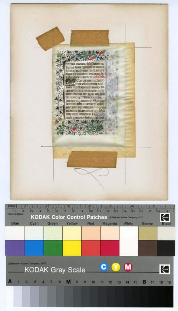 Recto of Leaf from the Office of the Dead from a Book of Hours, removed in conservation from its frame, and photographed while still in place taped to the mat, showing the darkened edges from contact with the non-acid-free mat. Photography © Mildred Budny