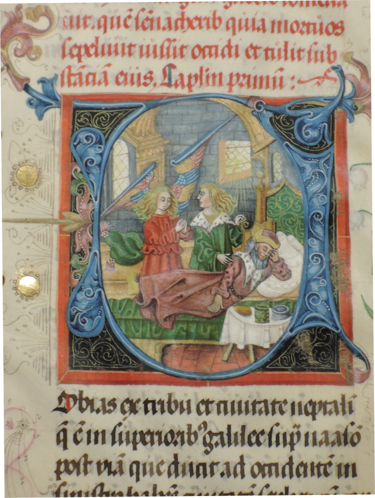 The illustrated opening initial for Tobias in 'Otto Ege Manuscript 44', in a detail showing the illustrated initial. Otto Ege Collection, Beinecke Rare Book and Manuscript Liibrary, Yale University. Photograph courtesy Lisa Fagin Davis. Reproduced by permission.