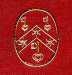 Gold-stamped logo of the Research Group on Manuscript Evidence on Red fabric ground on the Front Cover of Volume I (Text) of 'Insular, Anglo-Saxon, and Early Anglo-Norman Manuscript Art at CorpusChristi College, Cambridge' by Mildred Budny