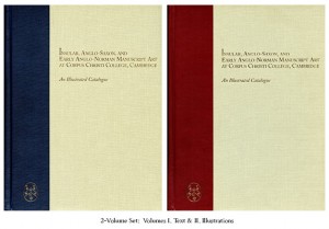Front Covers for Volumes I & II of 'Insular, Anglo-Saxon, and Anglo-Norman Manuscript Art at Corpus Christi College, Cambridge: An Illustrated Catalogue' by Mildred Budny, with the title of the publication and the gold-stamped logo of the Research Group on Manuscript Evidence, co-publisher of the volumes