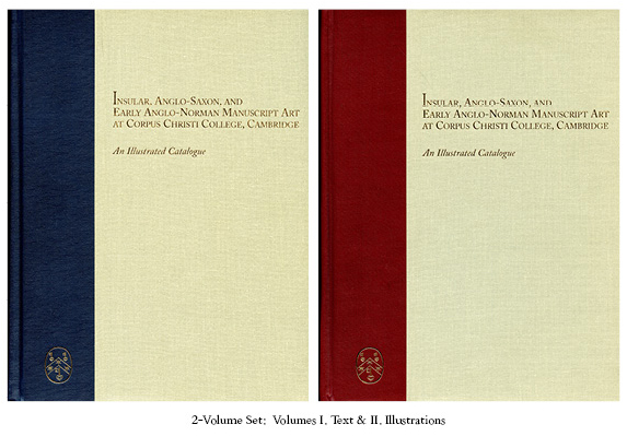 Front Covers for Volumes I & II of 'Insular, Anglo-Saxon, and Anglo-Norman Manuscript Art at Corpus Christi College, Cambridge: An Illustrated Catalogue' by Mildred Budny, with the title of the publication and the gold-stamped logo of the Research Group on Manuscript Evidence, co-publisher of the volumes