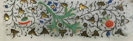 Detail of foliage spray at bottom of the verso of the detached leaf from the Office of the Dead, with brown ink, green, blue, and orange pigments, and gold. Photography © Mildred Budny, reproduced by permission. 