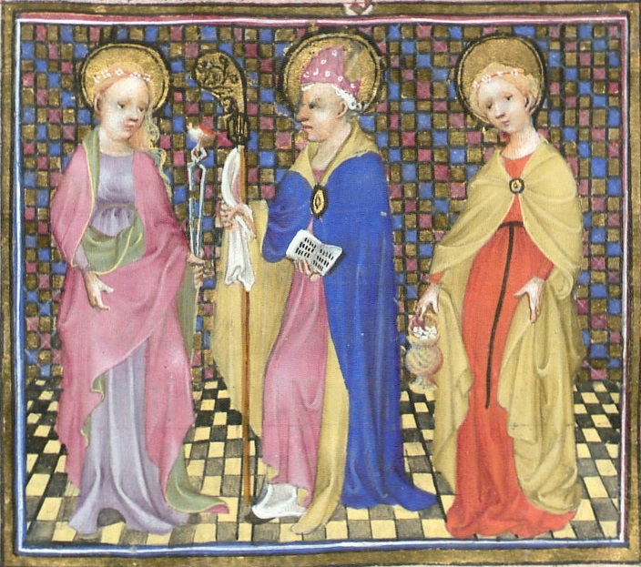Detail of the Prayerbook of Mary of Guelders, folio 166r, for February.  Image with Saints Agatha, Blaise, and Dorothea, full-length in a row within a rectangular frame.  Reproduced by permission.