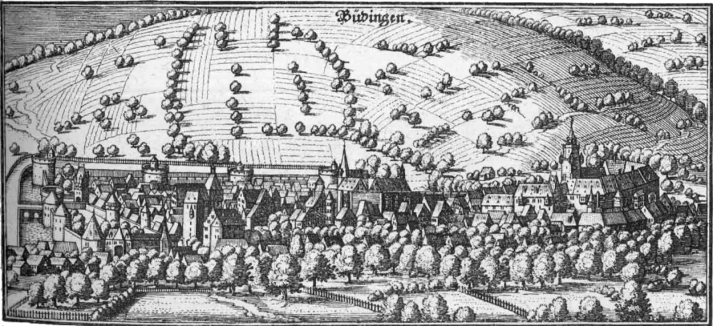 View of Büdingen: Engraving by Matthias Merian the Elder in Martin Zeiller, 'Topographia Hassiae, et Regionum Vicinarum' (Franckfurt am Mayn, 16 volumes, 2nd edition, 1655). Image via Wikimedia Commons.