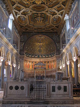 A view of the interior, facing the apse, in the Upper Church of the Basilica of San Clemente in Rome, with its apse mosaics.