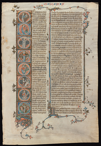 Opening page of the Book of Genesis, with a full-page illustrated initial I for 'In' ('In Principio'), showing scenes from Creation to the Crucifixion. Dismembered leaf from 'Otto Ege MS 14'. Otto Ege Collection, Beinecke Manuscript and Rare Book Library, Yale University. Reproduced by permission.