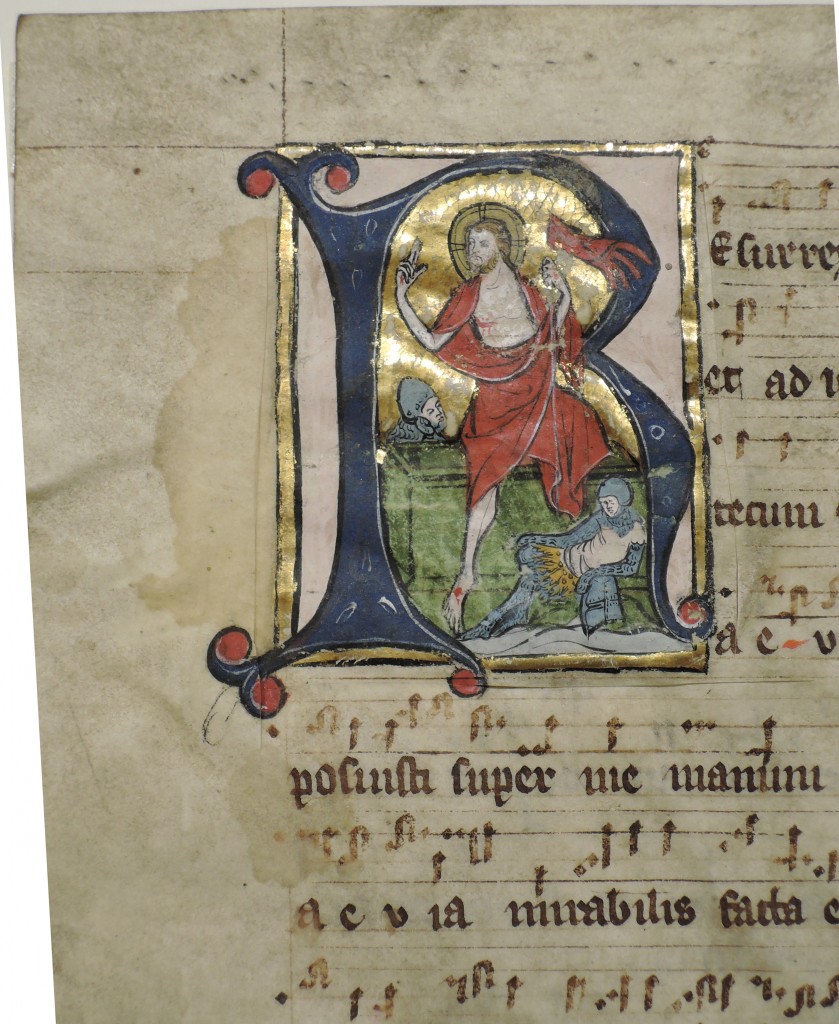Illustrated initial R for 'Resurrex[i]' on a leaf from 'Otto Ege MS 22' ('The Beauvais Missal'). Otto Ege Collection, Beinecke Rare Book and Manuscript Library, Yale University. Photograph courtesy Lisa Fagin Davis. Reproduced by permission.