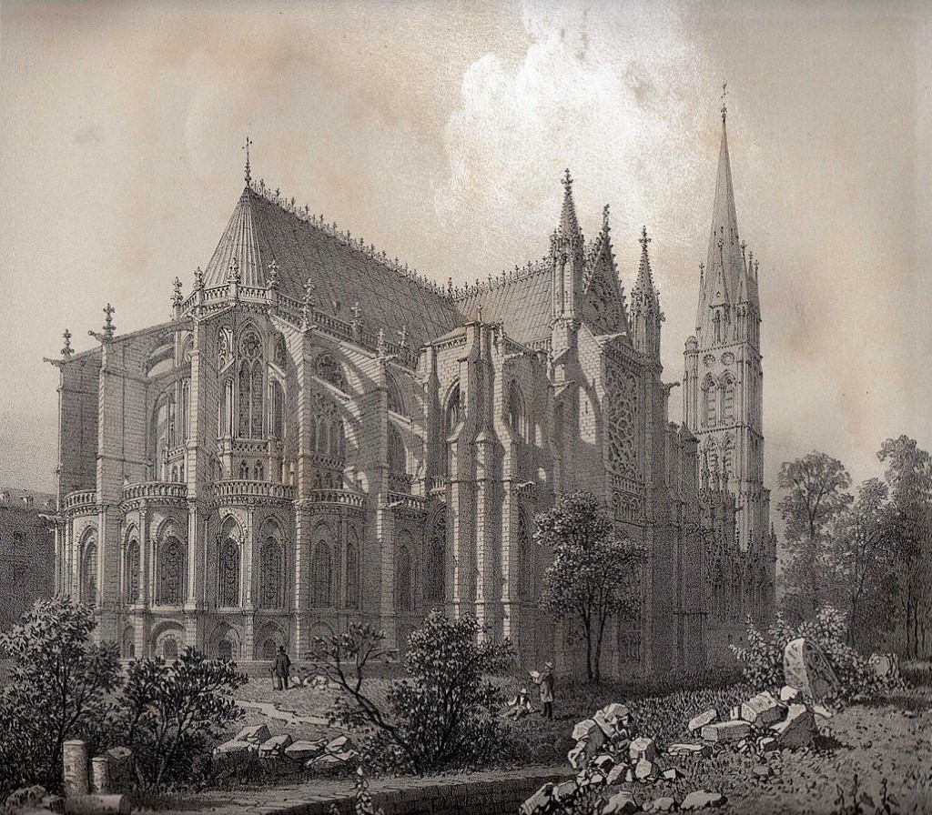Lithograph by Félix Benoist of the apse and western façade of the Basilica of the Abbey of Saint-Denis (1861). Scan by Félix Potuit via Wikimedia Commons.