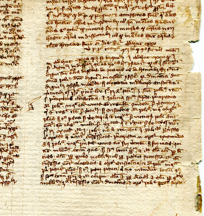 Detail of Recto of detached leaf from the Nichomachean Ethics in Latin translation, from a manuscript dispersed by Otto Ege and now in a private collection. Reproduced by permission.