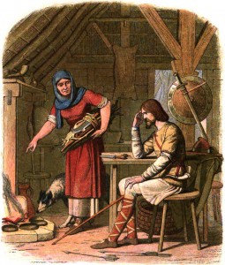Illustration by James William Edmund Doyle of 'Alfred in the Neatherd's Cottage' in 'A Chronicle of England: B.C. 55 – A.D. 1485 (London 1864) via Wikipedia Commons. Alfred sits through a scolding by the Neatherd's Wife as the cakes burn unattended.