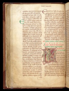 © The British Library Board, Arundel MS 91, folio 26v. Martyrology of Saint Augustine's Abbey, opened to historiated initial of Saint Michael and the Dragon