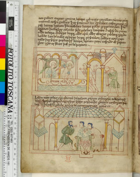 © The British Library Board, Cotton MS Claudius B IV, folio 31v: Genesis 19:3‒13. Reproduced by permission.