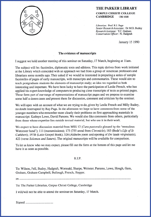 'Facsimiles, Diplomatic Texts and Editions' Seminar Invitation 17 March 1990.