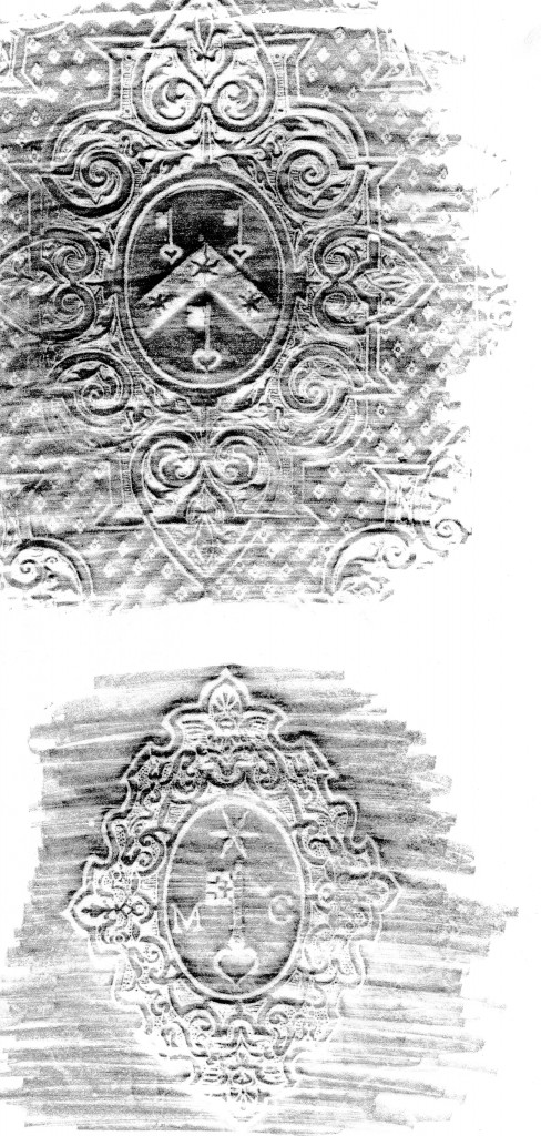 Pencil rubbings of Matthew Parker's coats of arms on bindings for some books. Here: Corpus Christi College, Cambridge, printed books: Archives Y-7-2 and E-S-Par-18. Rubbings by Mildred Budny.