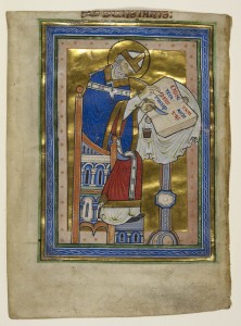 © The British Library Board, Royal MS 10 A.XII, folio 2v. Miniature of Dunstan as a bishop, writing a commentary of the Rule of Saint Benedict, with an inscription 'S[an]c[tu]s Dunstanus'. Reproduced by permission