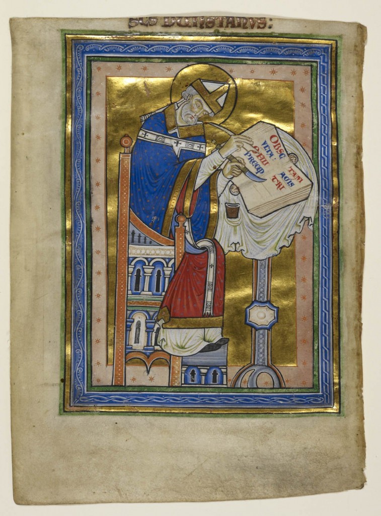 © The British Library Board, Royal MS 10 A.XIII, folio 2v. Miniature of Dunstan as a bishop, writing a commentary of the Rule of Saint Benedict, with an inscription 'S[an]c[tu]s Dunstanus'. Reproduced by permission