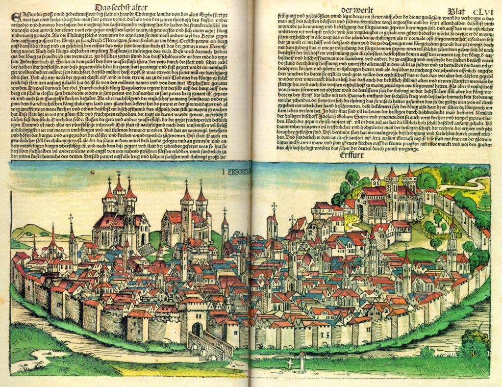 View of Erfurt. Colored woodcut from the 'Nurenberg Chronicle' by Hartmann Schedel (1493). Via Wikipedia Commons.