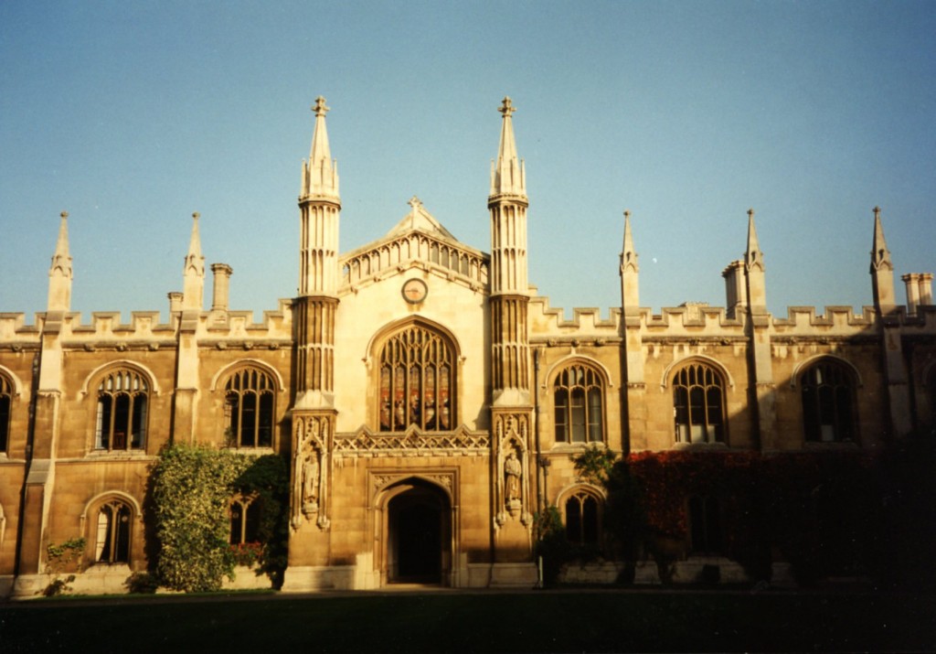 View toward the Chapel, with afternoon moon, at the Entrance to Corpus Christi College in mid-September 1994. Photography © Mildred Budny