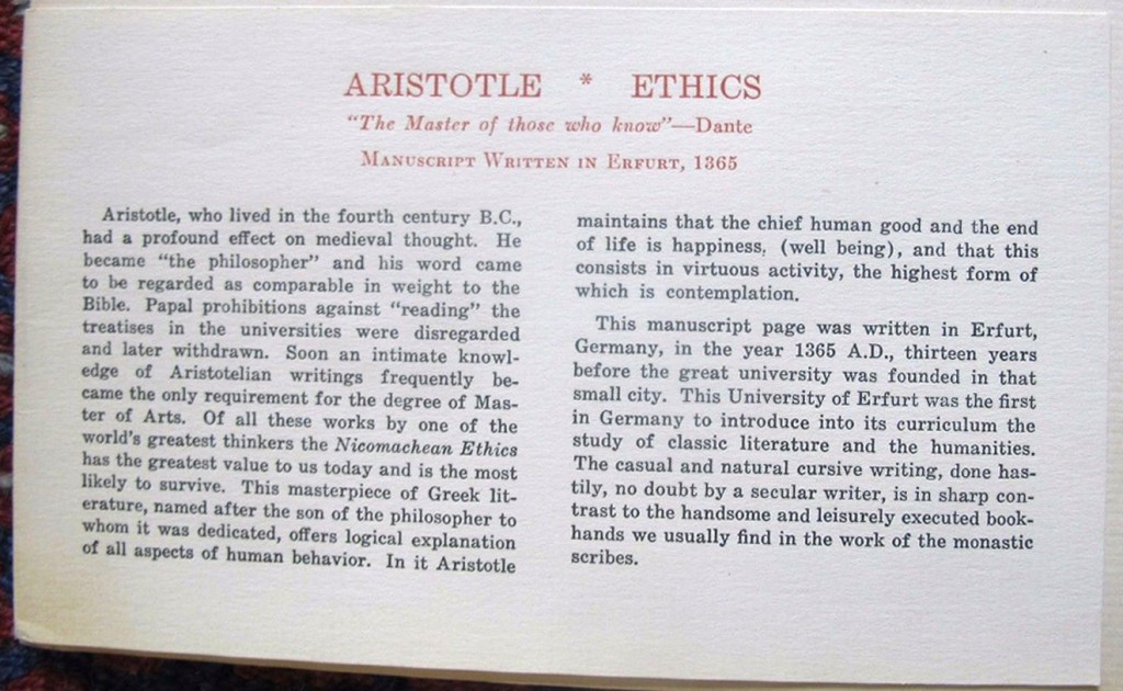 Otto Ege's printed caption for the Aristotle Leaf specimen in his Portfolio of 'Famous Books'
